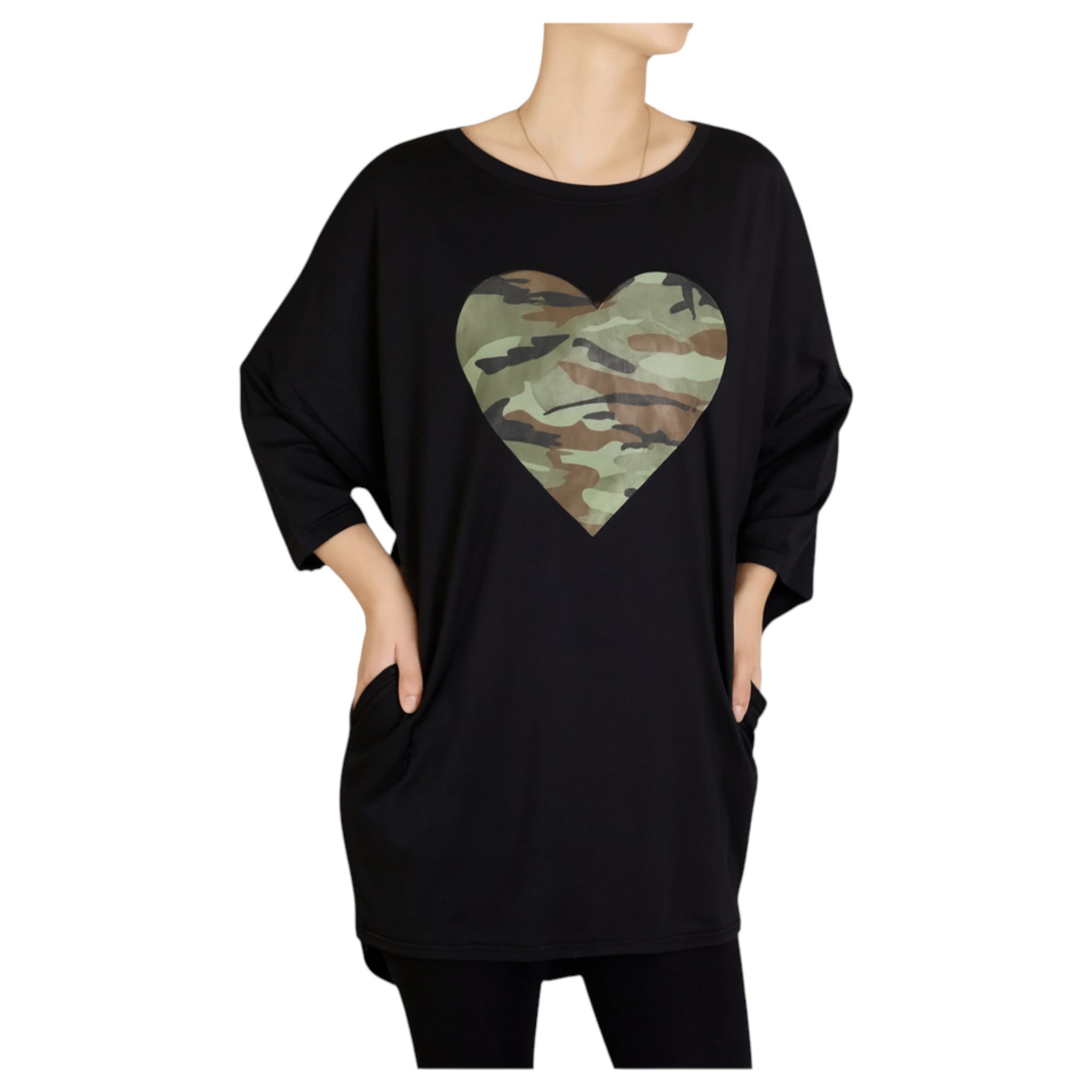 Women’s oversized black top with camo heart print – Ladies ex store casual long sleeve shirt